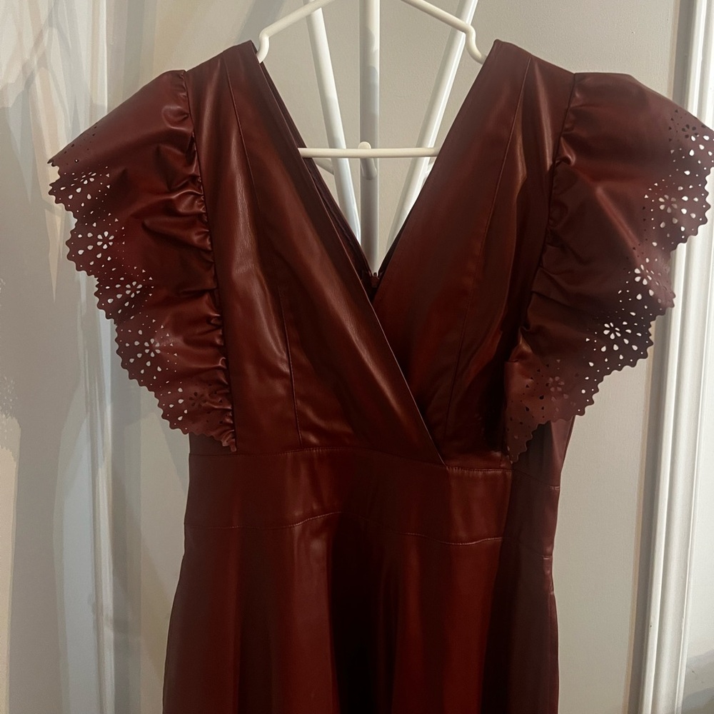 Zara faux leather Brown Midi Dress with Ruffle Sleeves - Picture 3 of 5